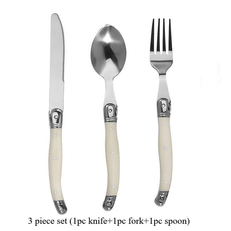 Stainless steel knife, fork, spoon set, milky white plastic handle, steak knife, steak fork spoon, steak tableware for home use