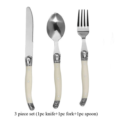 Stainless steel knife, fork, spoon set, milky white plastic handle, steak knife, steak fork spoon, steak tableware for home use