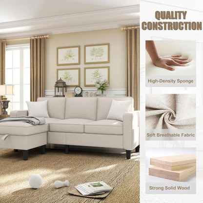 Couch for Living Room-78'' Beige Linen 3 Seat L-Shaped Sectional Sofa Couches with Storage Ottoman-Modern Small Space.Customized