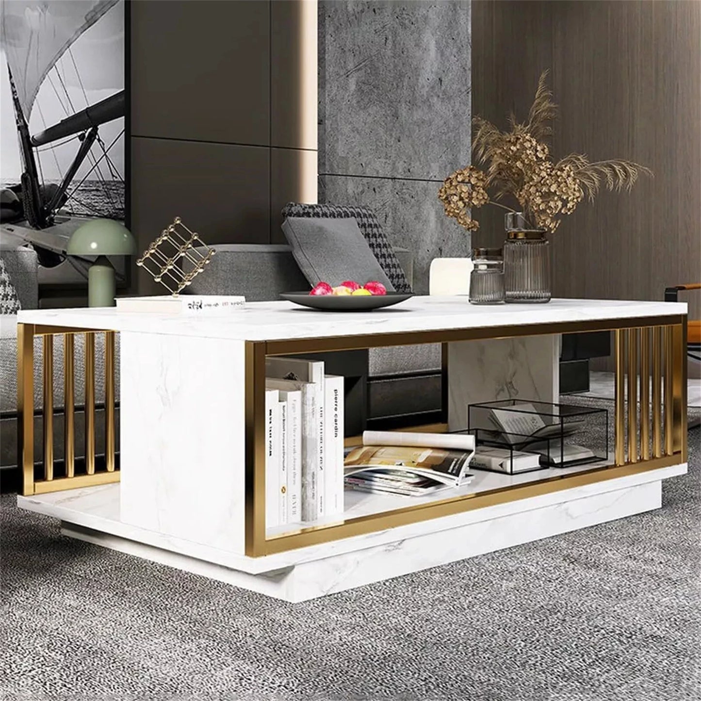High Gloss Marble Veneer Coffee Table - Modern White & Gold, Rectangle for Living Room