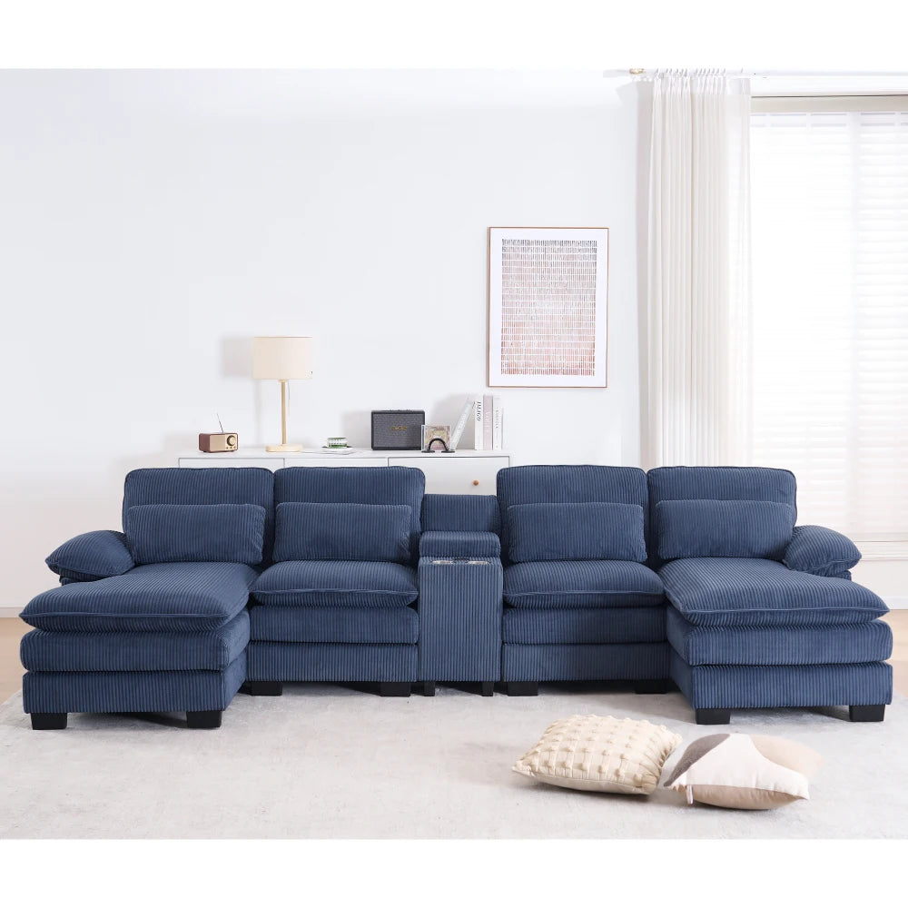 124" Modular U-Shaped Sectional Sofa, 4-Seater Cloud Couch Corduroy Living Room Set w/ Storage Console, Cup Holders, Pillows