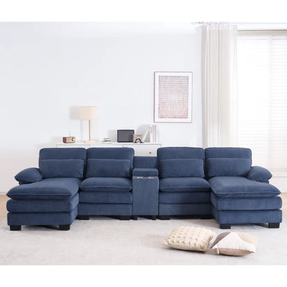 124" Modular U-Shaped Sectional Sofa, 4-Seater Cloud Couch Corduroy Living Room Set w/ Storage Console, Cup Holders, Pillows