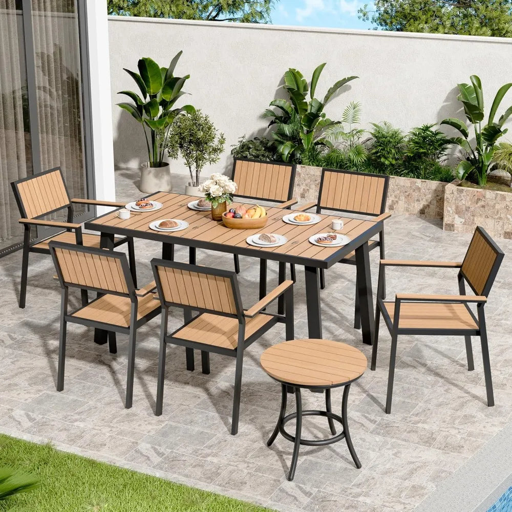 Outdoor Aluminum Furniture Set,8-Piece Patio Dining Set with 6 Outdoor Stackable Chairs and Plastic-Wood Table Top,Outdoor Furn