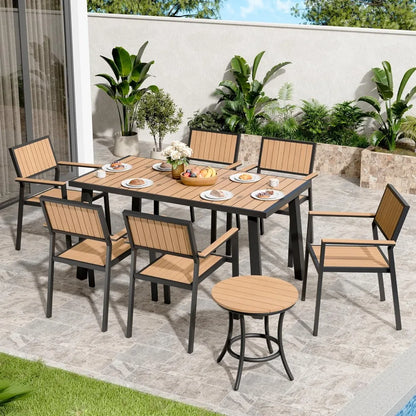Outdoor Aluminum Furniture Set,8-Piece Patio Dining Set with 6 Outdoor Stackable Chairs and Plastic-Wood Table Top,Outdoor Furn