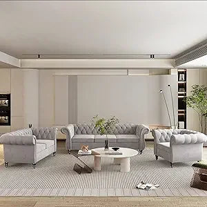3 Piece Living Room Set, Velvet Chesterfield Sofa Loveseat Couch Chair with Scroll Arms and Nailhead for Living Room, Office (Bl