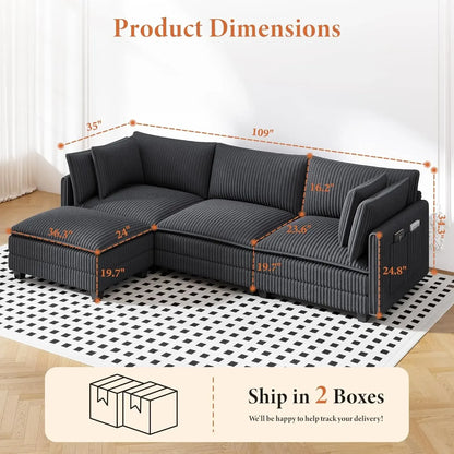 109" L Shaped Cloud Sectional Couch, Comfy Corduroy Upholstered Modular Couches for Living Room, Modern 3 Seater, Customized
