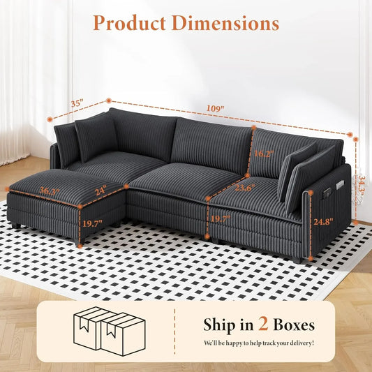 109" L Shaped Cloud Sectional Couch, Comfy Corduroy Upholstered Modular Couches for Living Room, Modern 3 Seater, Customized