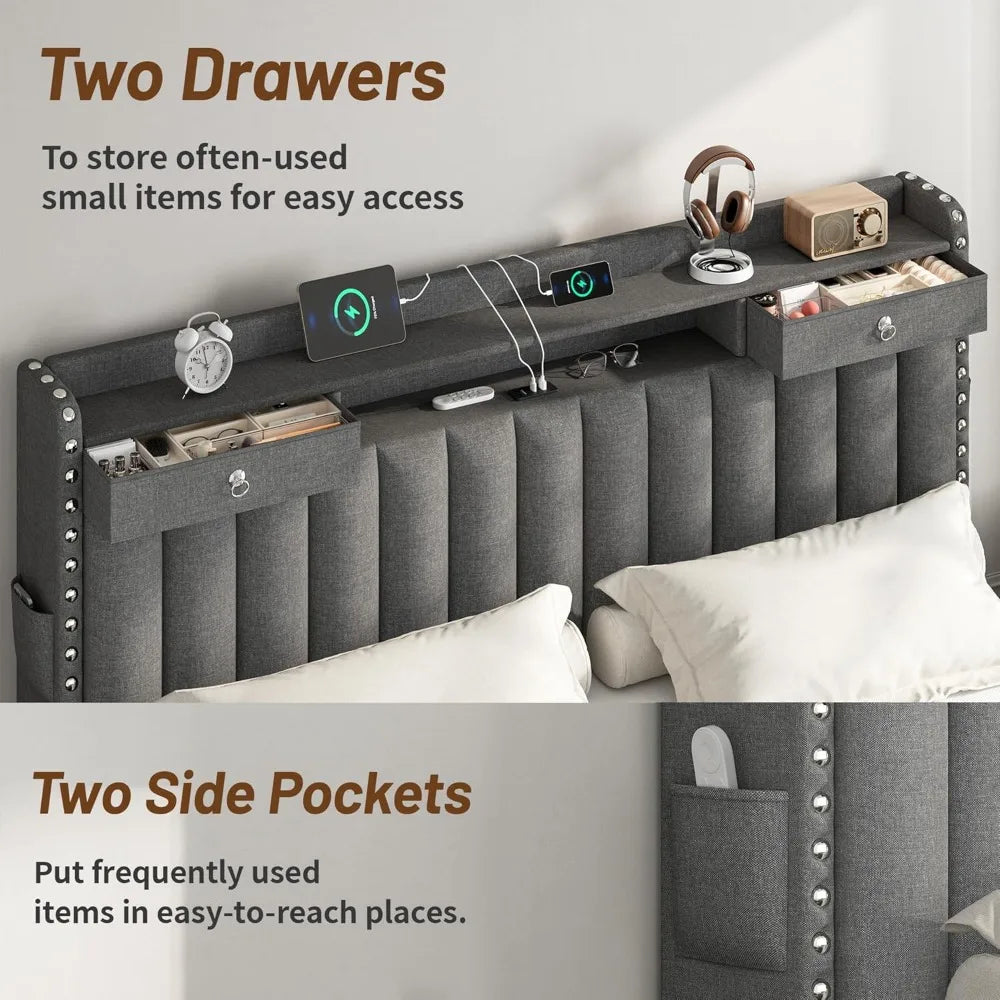 Bed Frame with 4 Storage Drawers, Upholstered Platform  Bed Frame and Headboard, 3 USB & Type-C, Customized