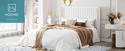 HOOMIC Velvet Upholstered Bed Frame, Vertical Channel Tufted Wingback Headboard, Wooden Slats Support Allewie