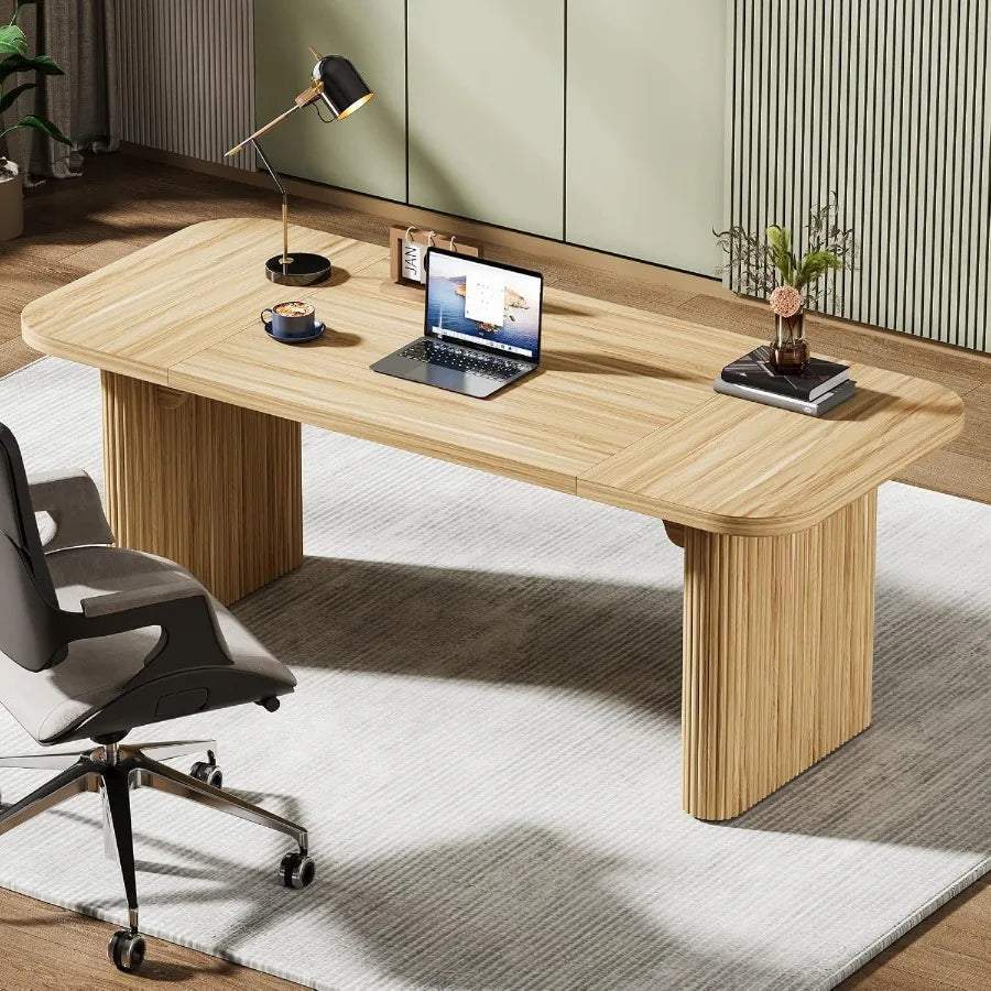 62-Inch Modern Executive Desk with Natural Oak Finish Large Aesthetic Wood Office Desk Featuring Double Pedestal Storage Ideal