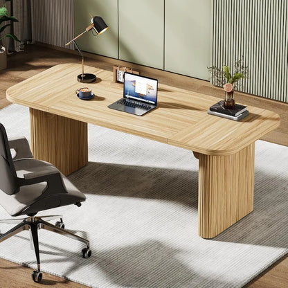 62-Inch Modern Executive Desk with Natural Oak Finish Large Aesthetic Wood Office Desk Featuring Double Pedestal Storage Ideal