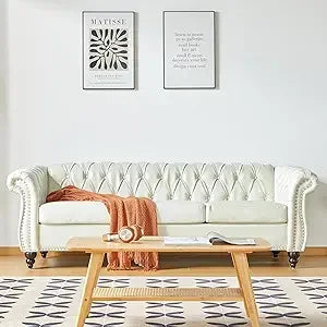 Chesterfield Leather Sofa 3 Seater Couch, Mid-Century Large Sofa Roll Arm Classic Tufted Settee Modern PU Sofa with Channel Tuf