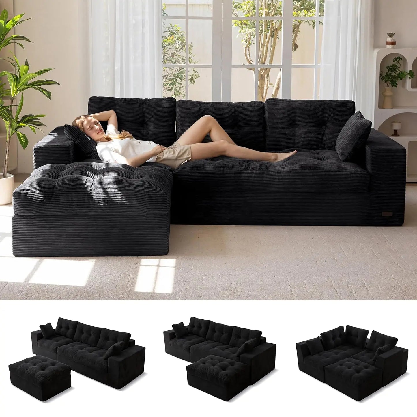 104" L Shaped Modular Sectional Sofa with Ottoman, Cloud Boneless Couch with Layered Cushion, Upholstered Sofa in a Box, Flexibl