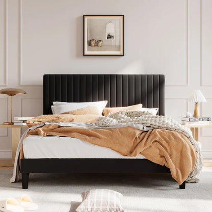 HOOMIC Upholstered Platform Bed Frame with Vertical Channel Tufted Velvet Fabric Adjustable Headboard Allewie