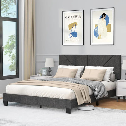Queen Bed Frame with Headboard, Linen Upholstered Platform Bed Frame with Wood Slats Support, Adjustable Headboard