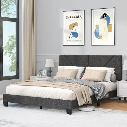 Queen Bed Frame with Headboard, Linen Upholstered Platform Bed Frame with Wood Slats Support, Adjustable Headboard