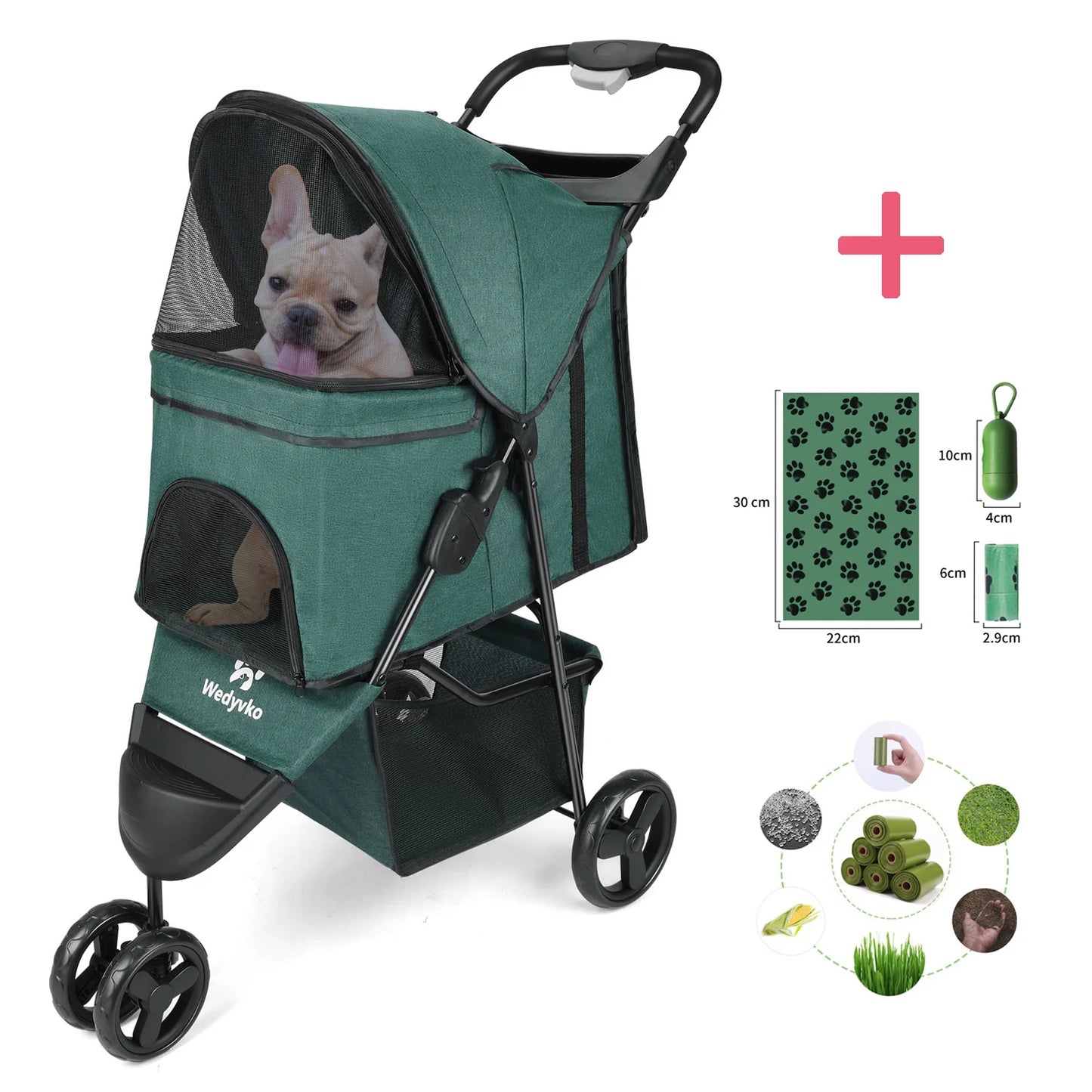 carreola para mascotas perro 3 Wheel Foldable Cat Dog Stroller with Storage Basket, Handle 360° Pet Dog Stroller