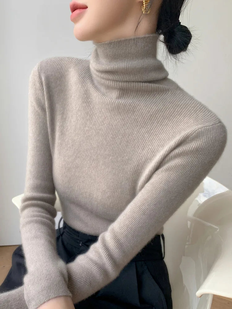 Women Long Sleeve Knitted Pullover Solid Casual Slim Sweater 2025 Autumn Winter Turtleneck Warm Jumper Simple Base Layer Top