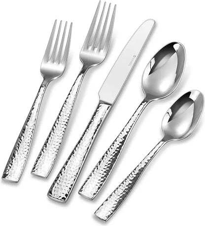 Hammered 18/10 Stainless Steel Silverware Set with Squared Edge, 20/45/65 Pieces, Serving 4 to 12 Guests, Elegant Dining