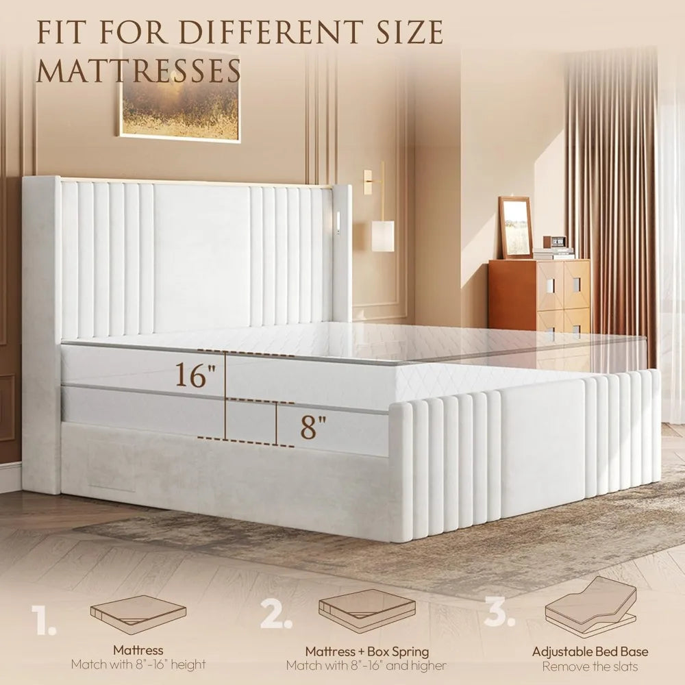 King Size Bed Frame with Tall Headboard, Velvet Upholstered Platform Bed with Reading Lights, Storage Shelf, Charging Station
