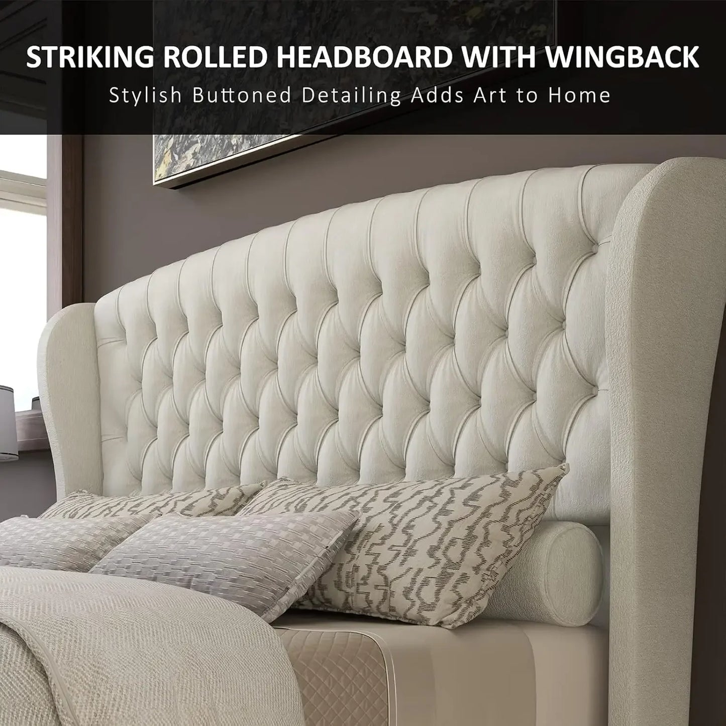 2025-hotQueen Size Platform Bed Frame, Chenille Upholstered Sleigh Bed with Scroll Wingback Headboard & Footboard/Button Tufted