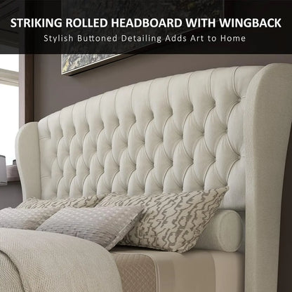 2025-hotQueen Size Platform Bed Frame, Chenille Upholstered Sleigh Bed with Scroll Wingback Headboard & Footboard/Button Tufted