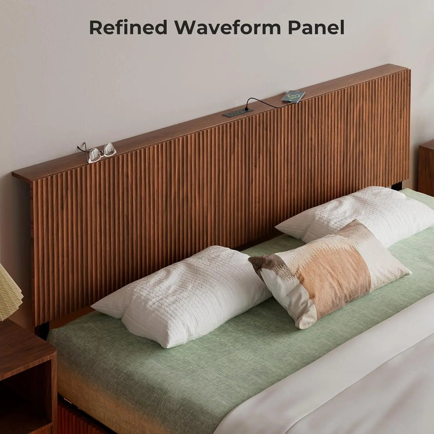 Walnut King Floating Bed Frame with Headboard, Mid Century Modern Fluted Platform Bed with LED Lights, Heavy Duty, Customized