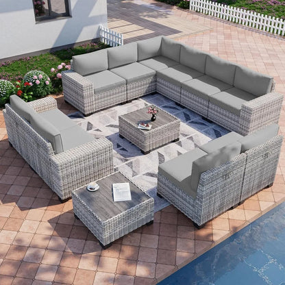 12-Piece Outdoor Patio Furniture Set Wicker Sectional Sofa Set, Patio Conversation Set with Thickened Cushions & Side Table