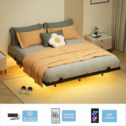 Full Size Modern LED Bed Frame with Floating Design, Smart Lights, and Charging Station