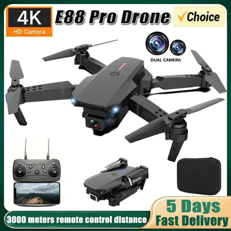 New E88 RC Drone 4K Professinal With 1080P Wide Angle Dual HD Camera,Foldable RC Helicopter WIFI FPV Height Hold Gifts Toys ﻿
