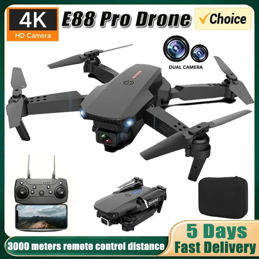 New E88 RC Drone 4K Professinal With 1080P Wide Angle Dual HD Camera,Foldable RC Helicopter WIFI FPV Height Hold Gifts Toys ﻿