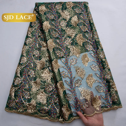 SJD LACE African Green Sequins Mesh Woman Lace Fabric High Quality 2025 Nigerian French Net Lace for Sewing Wedding Dresses 3735