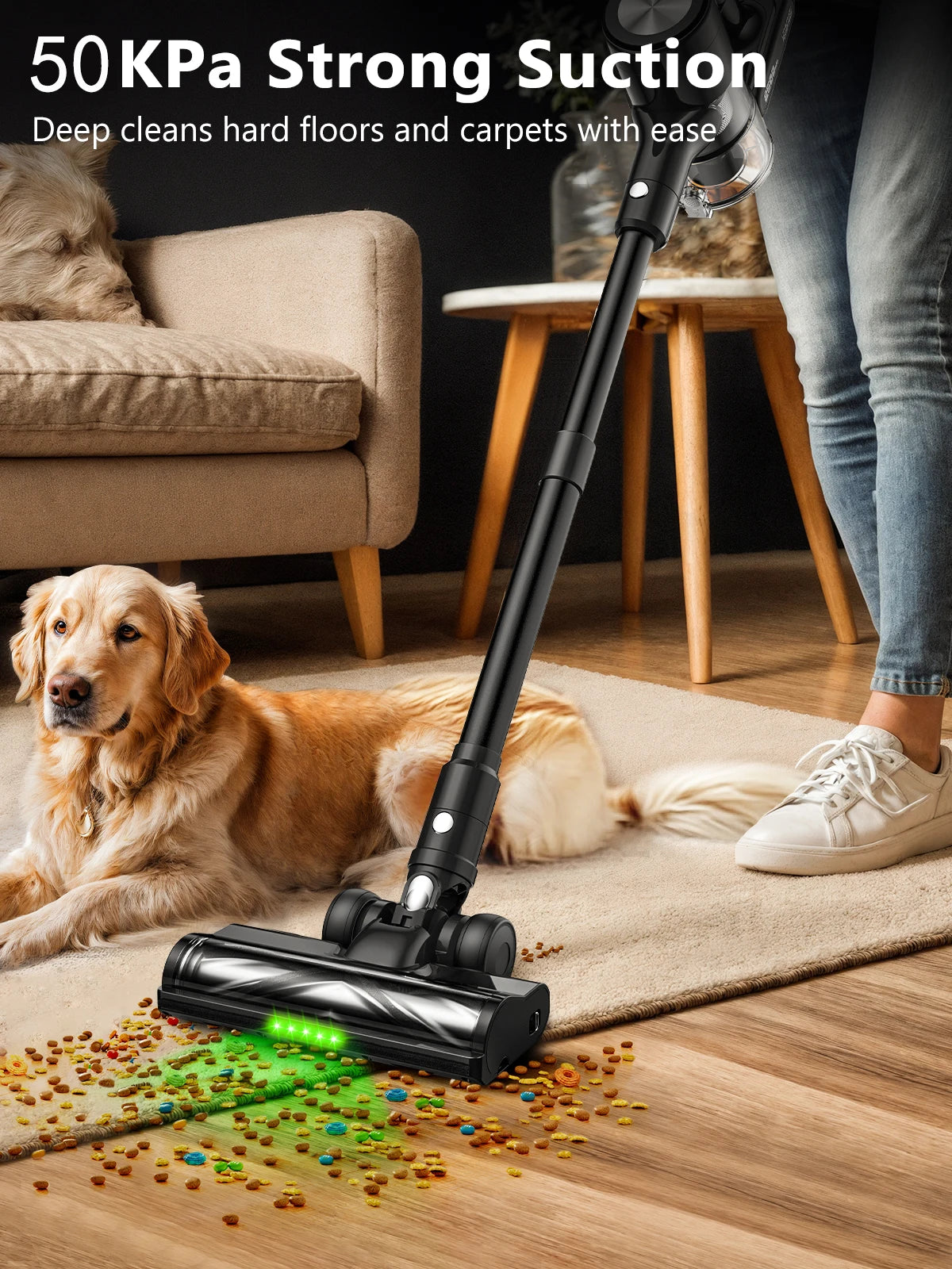 Cordless Vacuum Cleaner, 50Kpa/55Mins Vacuum Cleaners for Home, Anti-tangle Stick Vacuum with Self-Standing, Wall Mount Charging