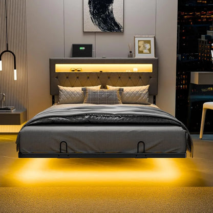 Full Size Floating Bed Frame with Charging Station,Modern Metal Full Bed with led Lights,Easy Assembly,Upholstered Bed Frame