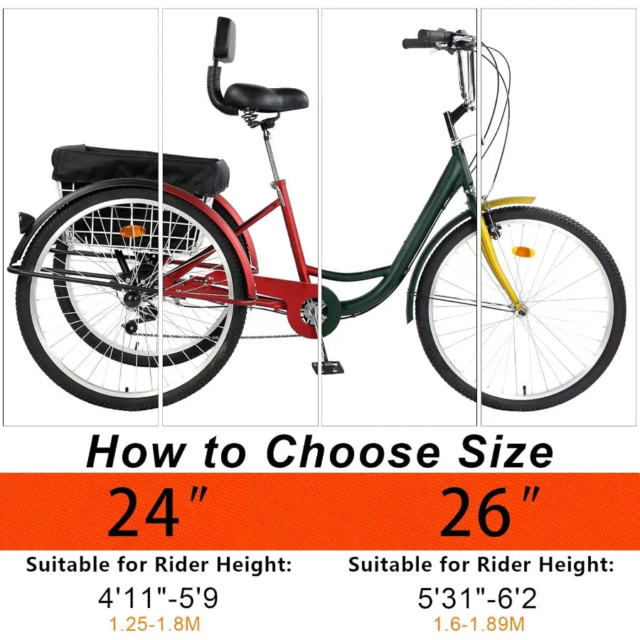 24 26 Adult Tricycle 7 Speed 3 Wheel Mountain Trikes Three Wheeled Bikes with Basket Backrest Seat for Seniors Women Men Multip