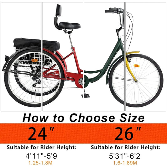 24 26 Adult Tricycle 7 Speed 3 Wheel Mountain Trikes Three Wheeled Bikes with Basket Backrest Seat for Seniors Women Men Multip