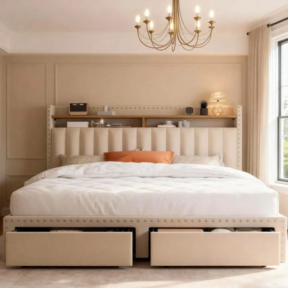 Queen Size Bed Frame, Upholstered Queen Bed Frame with 2 Storage Drawers and 2-Tier Headboard, Vertical Tufted Headboard