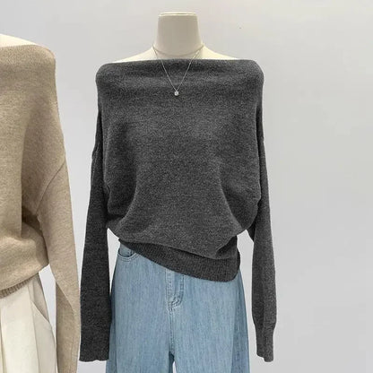 French Lazy Style Off-Shoulder Loose Knitted Base Shirt Women's Autumn Winter Thin Slimming Shoulder Sweater No Sleeve
