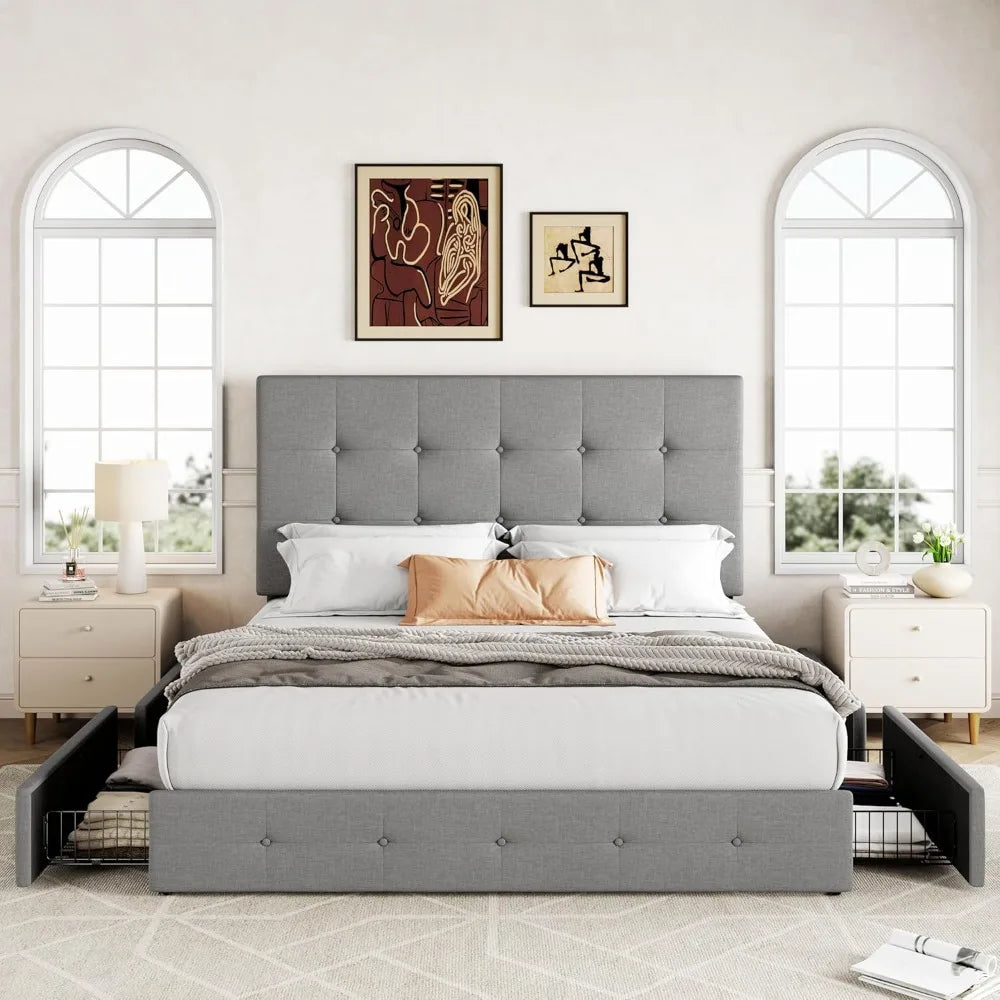 Upholstered Queen Size Platform Bed Frame with 4 Storage Drawers and Headboard, Square Stitched Button Tufted