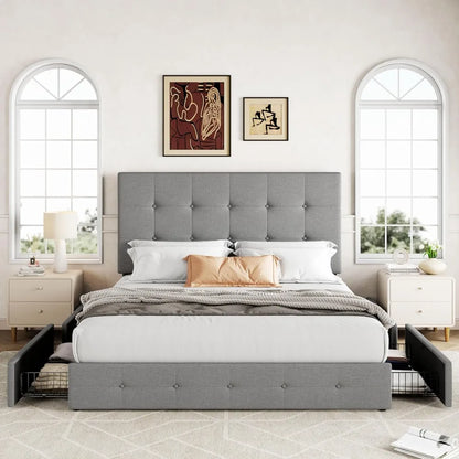 Upholstered Queen Size Platform Bed Frame with 4 Storage Drawers and Headboard, Square Stitched Button Tufted