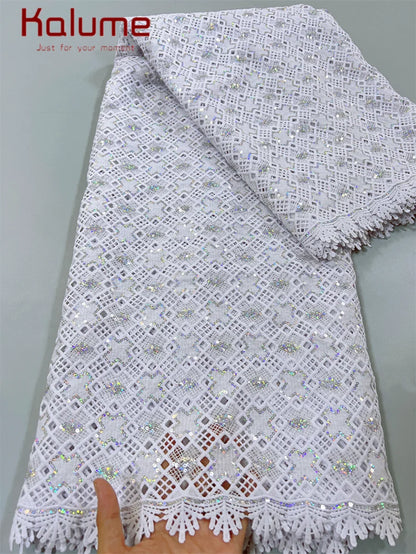 White African Guipure Cord Lace Fabric with Sequins 2025 High Quality Nigerian Guipure Cord Lace for Sewing Wedding Dress F4025