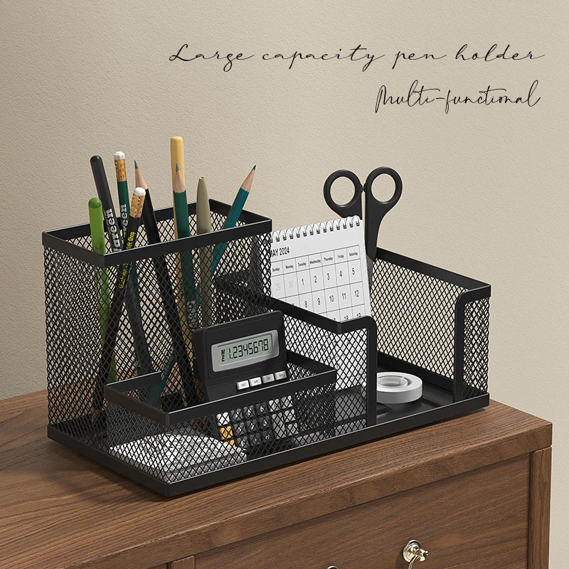 Black Mesh Desk Organizer - 3 Compartments with Pencil Holder & Storage Baskets, Tame Desktop Clutter Fast for Office Supplies