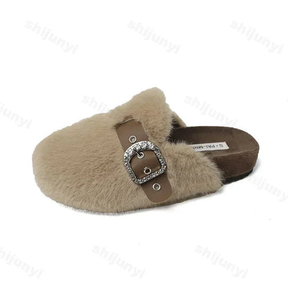 Winter Warm Plush Slippers for Women Closed Toe Faux Fur Cotton Shoes Woman Fashion Buckle Lightweight Flat Mules Shoes 2025