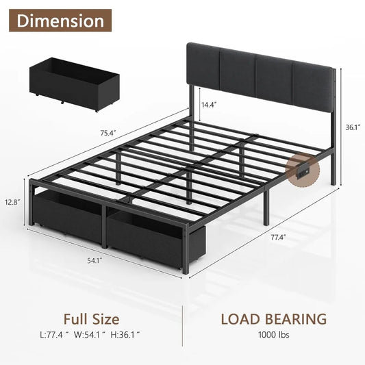 Bed Frame with Headboard, Upholstered  Bed Frame with LED Light, USB Charging Station, Platform, Customized