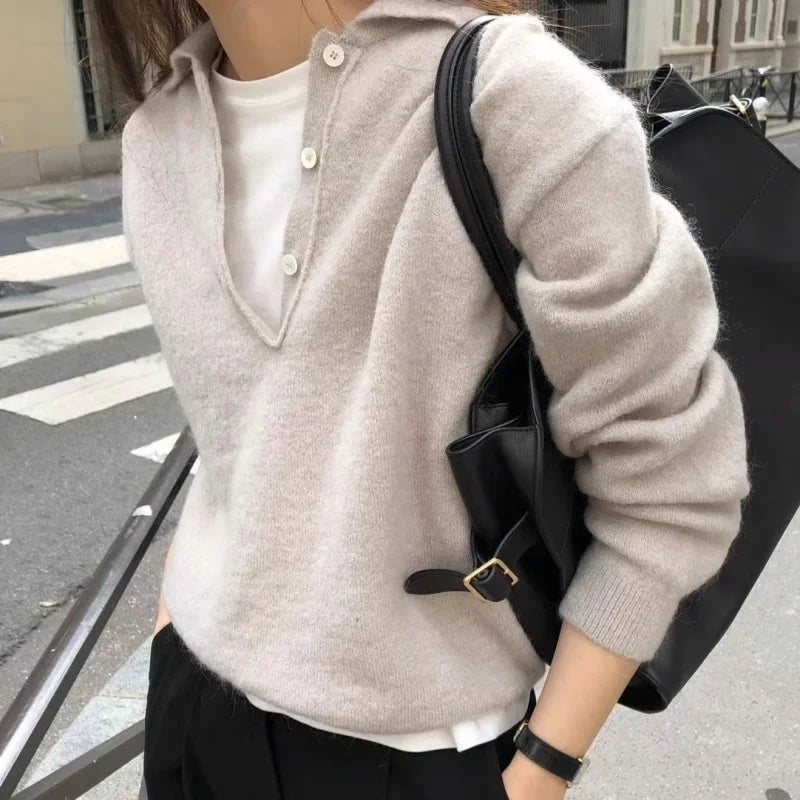 100% Wool Women's Knitted Sweater 2025 Autumn/Winter New Solid Color Casual Collar Polo Wool Sweater