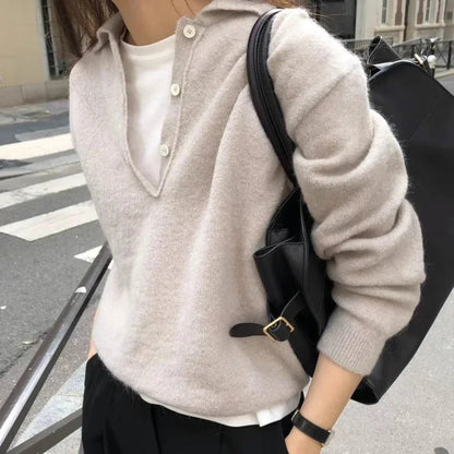 100% Wool Women's Knitted Sweater 2025 Autumn/Winter New Solid Color Casual Collar Polo Wool Sweater