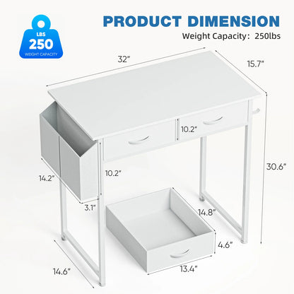 JHK 32 Inch Modern Office Computer Desk with Fabric Storage Drawers Space Side Bag Metal Frame Adjustable Feet For Home PC Table
