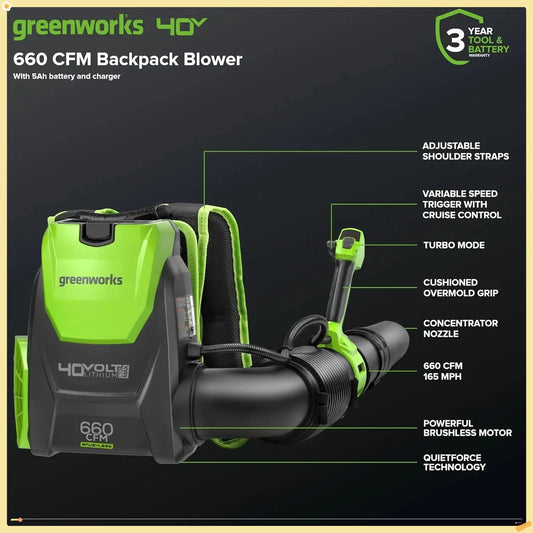 Brushless Backpack Leaf Blower, Commercial-Grade Power for Yards,  Patios, Includes 5.0Ah Battery & 5A Rapid Charger