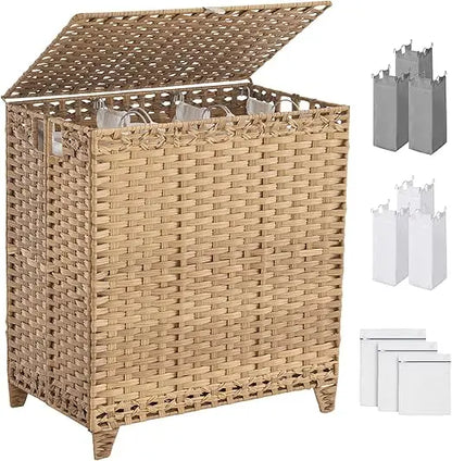 Large 190L 3-Section Laundry Hamper with 6 Detachable Liner Bags and 3 Mesh Bags, Handwoven Rattan Design