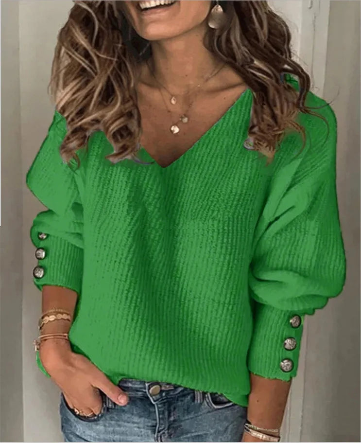 Women's Spring and Autumn Loose Button Solid Color V-neck Knitted Top